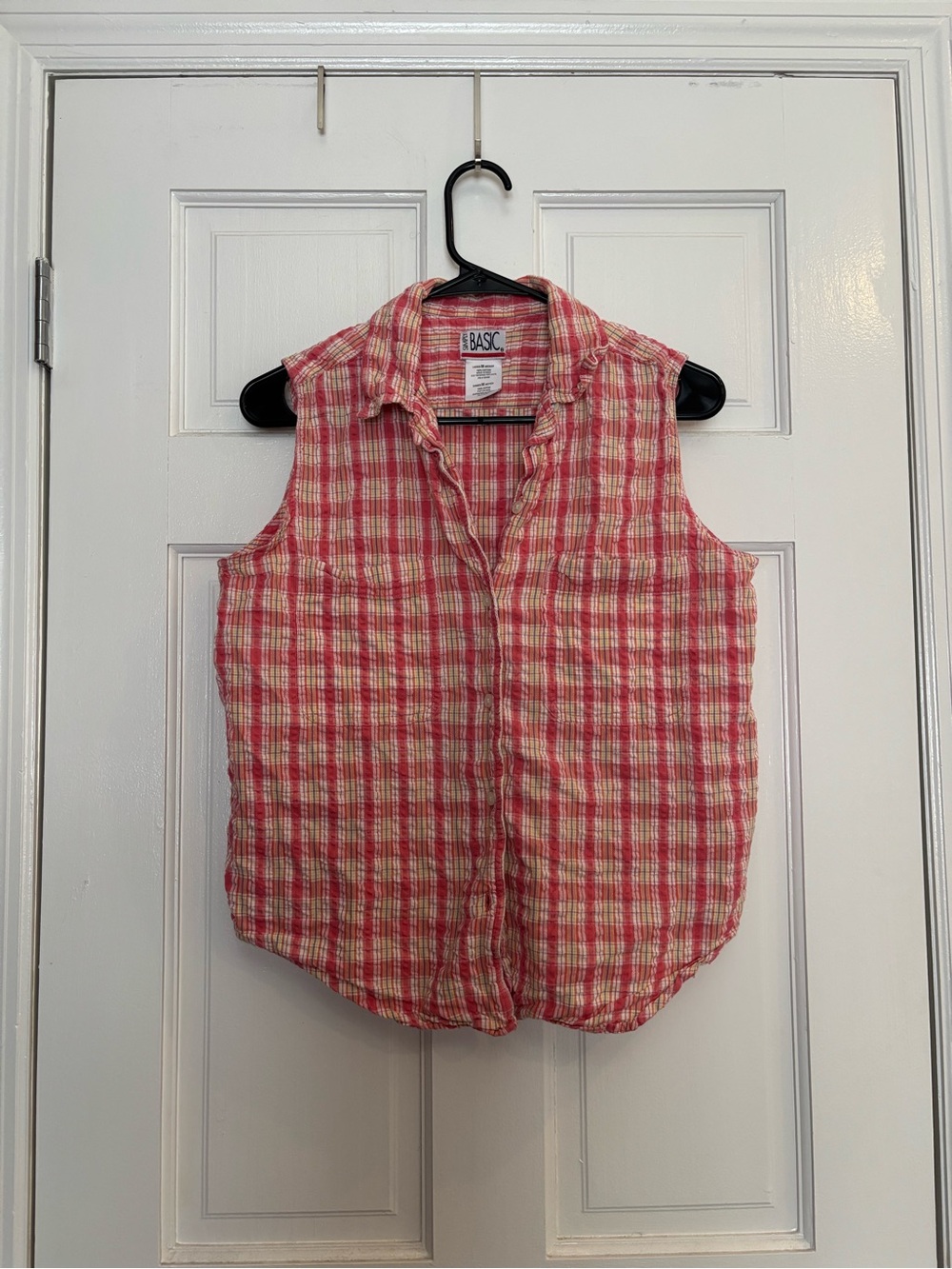 Sleeveless plaid button-front top in pink and yellow